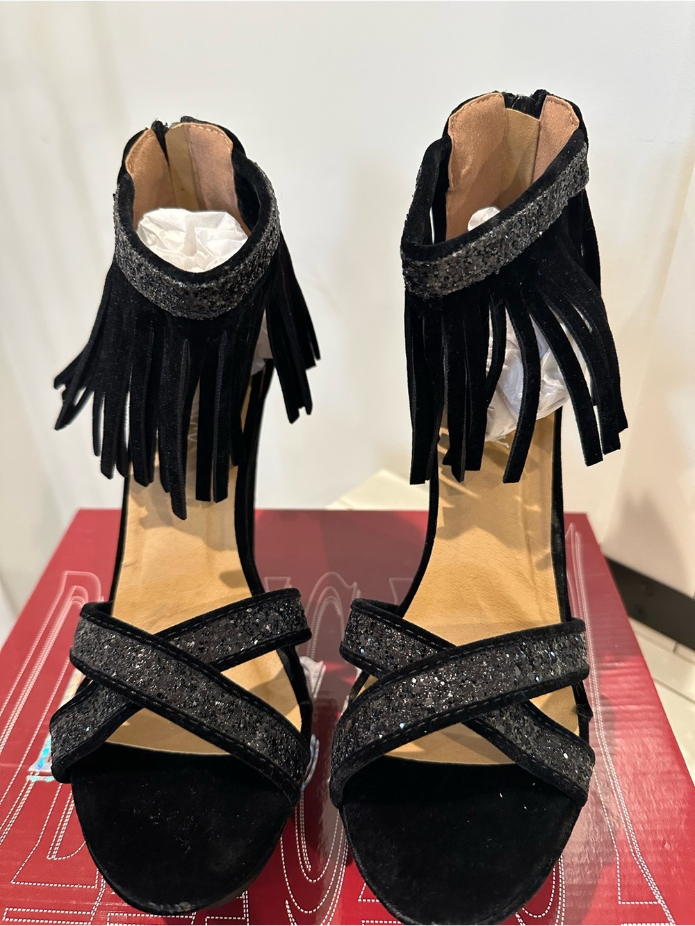 Delicacy Velvet Black Fringe Ankle-Strap High Heels with Sparkle Straps